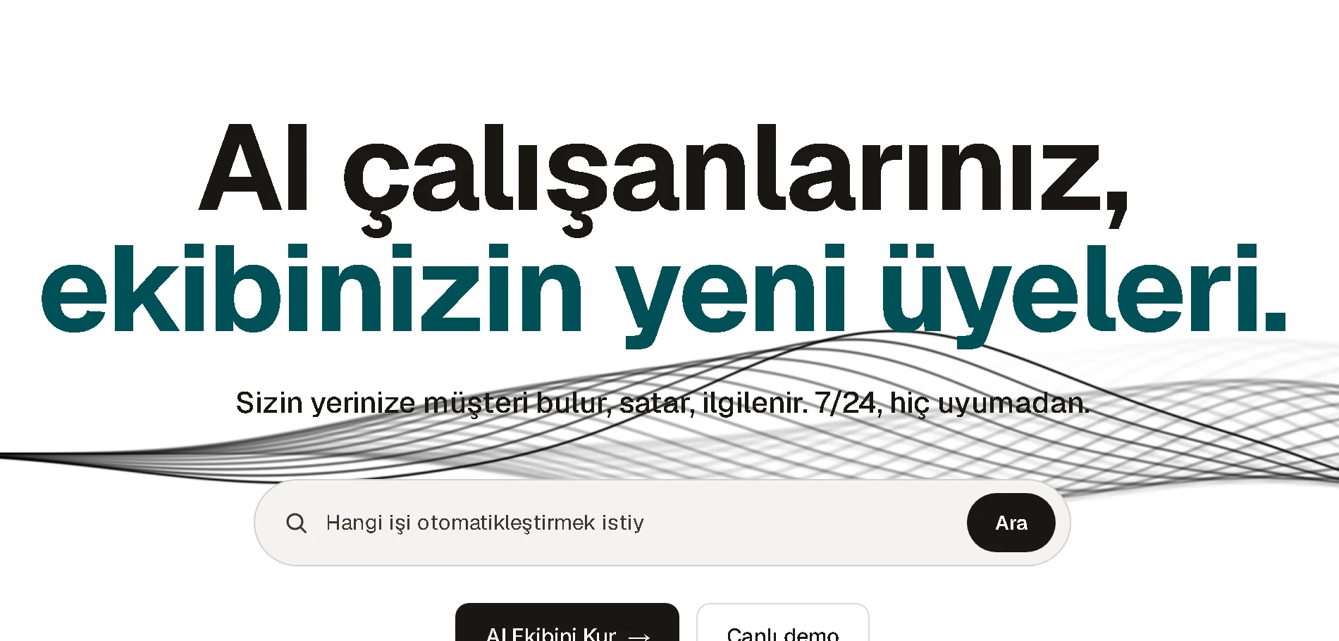 fixetby.com ana sayfası: “AI çalışanlarınız, ekibinizin yeni üyeleri” başlığı, iş tanımı arama kutusu ve AI ekibi kurma çağrısı