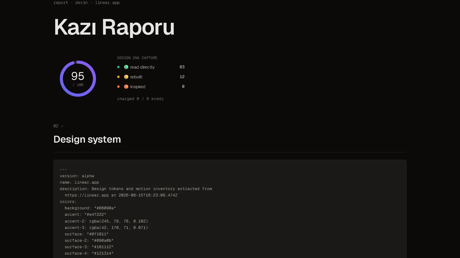 webburrow kazı raporu: 100 üzerinden 95 skor, doğrudan okunan 83 / yeniden kurulan 12 katman ve çıkarılan tasarım tokenları