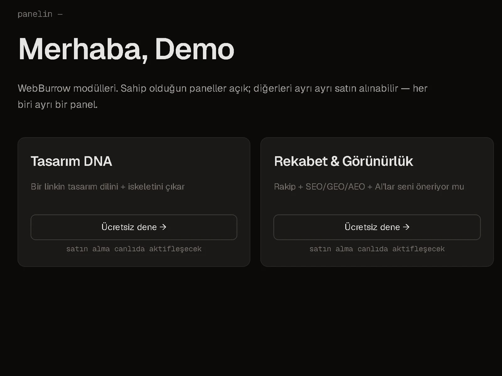 webburrow panelinin modül ekranı: Tasarım DNA ve Rekabet & Görünürlük modülleri, her biri ayrı panel olarak